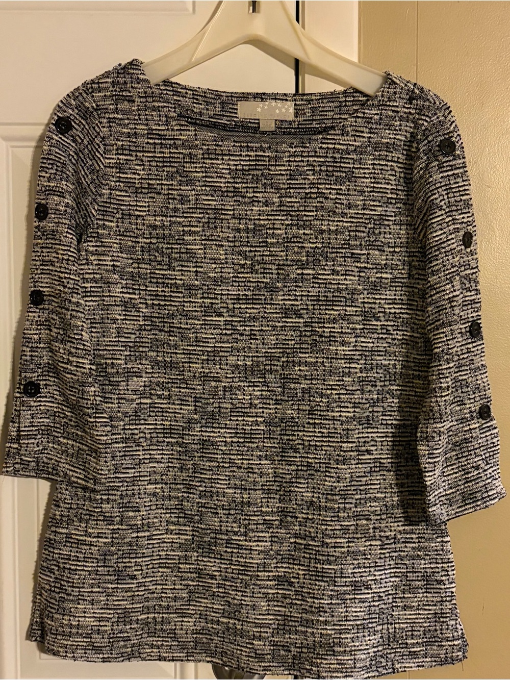 Carolyn Taylor Navy and White Textured Knit Boatneck Dress with Sleeve Buttons